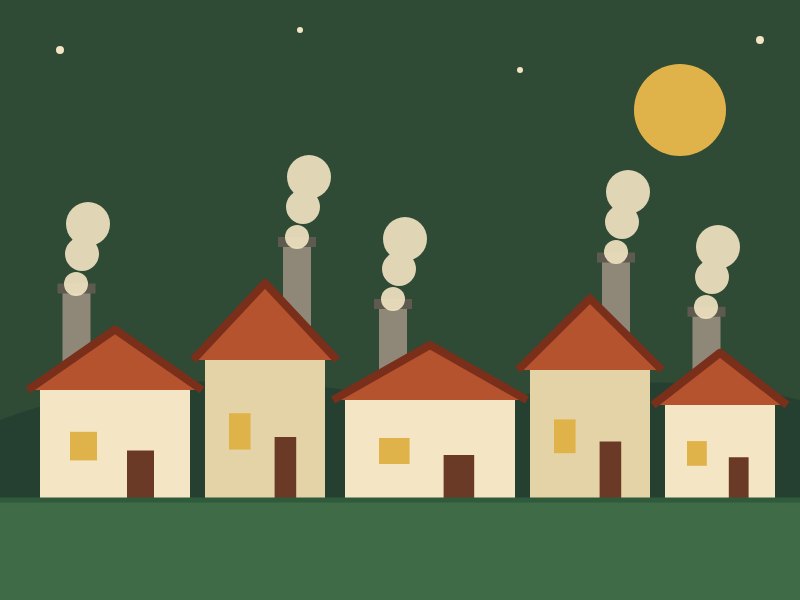 Ilustración: casas de pueblo con cinco chimeneas humeando