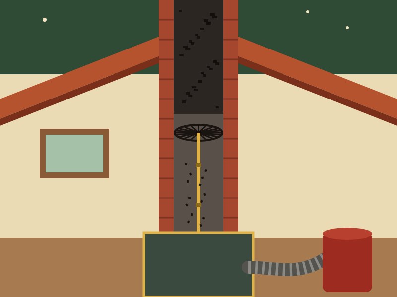 Ilustración: corte de una chimenea con el escobillón subiendo por el conducto