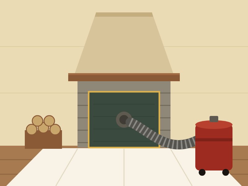 Ilustración: chimenea de campana tapada con un sistema de extracción y el suelo protegido