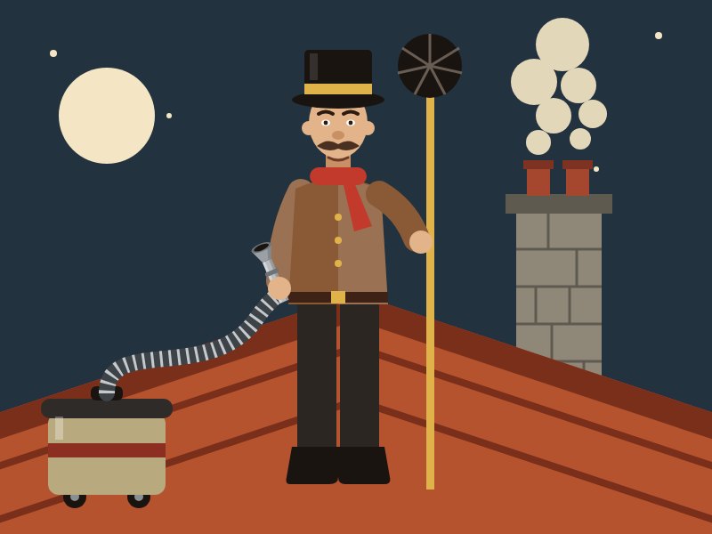 Ilustración: deshollinador con escobillón en el tejado junto a una chimenea
