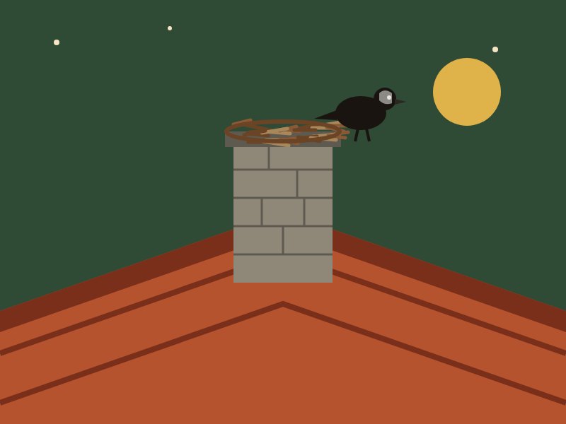 Ilustración: grajilla junto a un nido de ramas en lo alto de una chimenea