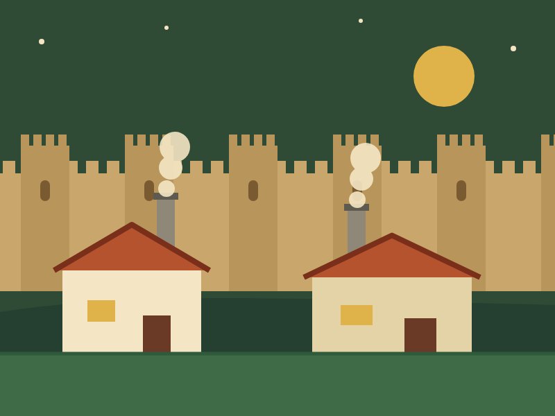 Ilustración: casas con chimenea delante de la muralla de Ávila