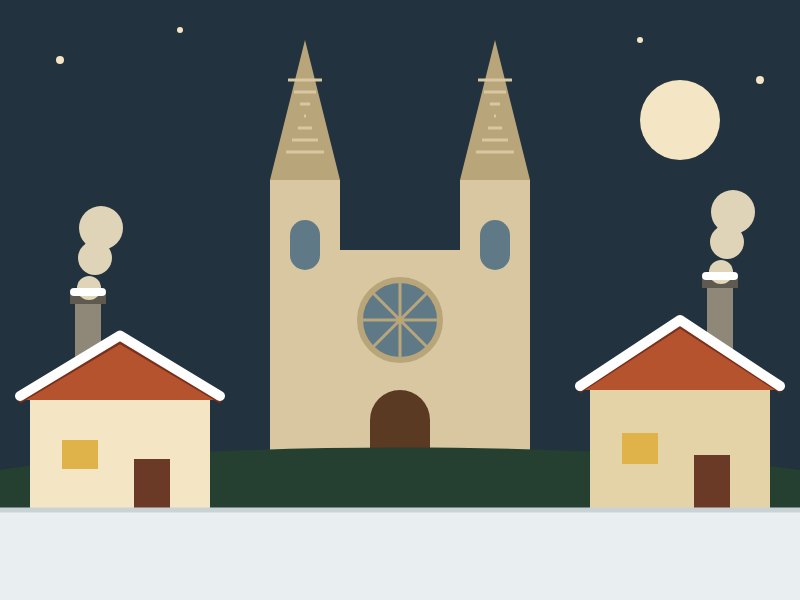 Ilustración: casas nevadas con chimenea y la catedral de Burgos al fondo