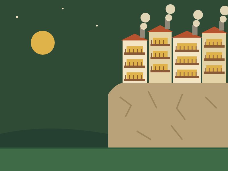 Ilustración: casas colgadas de Cuenca con sus chimeneas