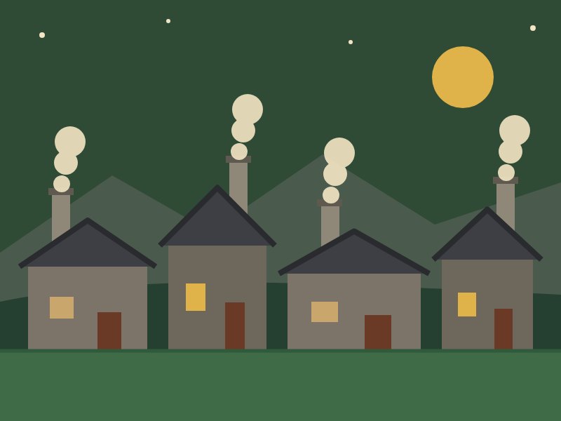 Ilustración: pueblo de arquitectura negra de Guadalajara con chimeneas humeando
