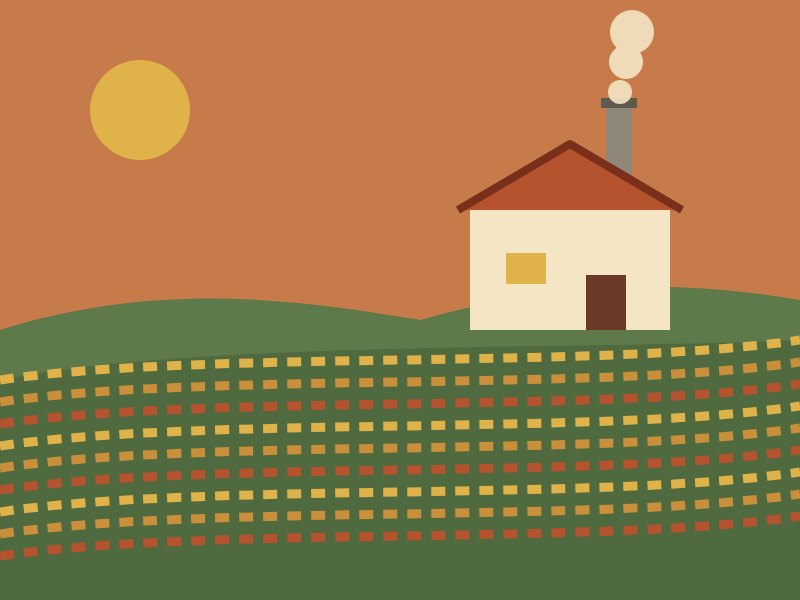Ilustración: casa con chimenea entre viñedos de La Rioja