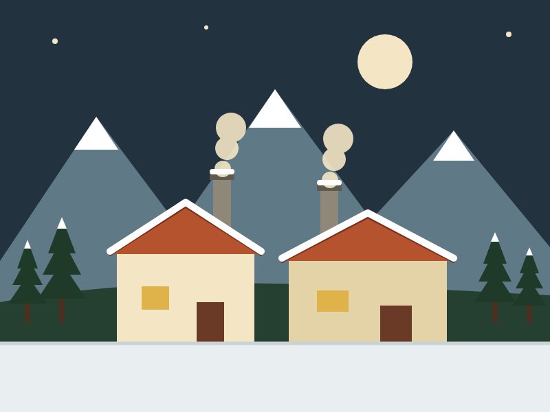 Ilustración: casas con chimenea al pie de la sierra nevada de Madrid