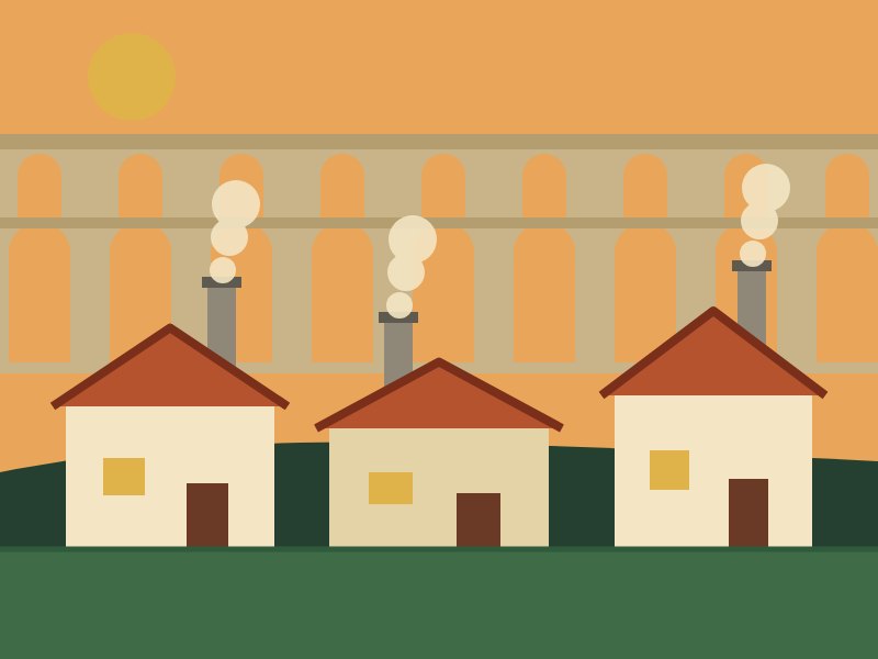 Ilustración: casas con chimenea delante del acueducto de Segovia