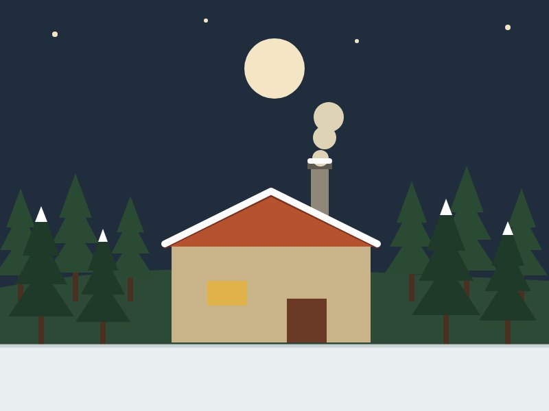 Ilustración: casa con chimenea entre los pinares nevados de Soria