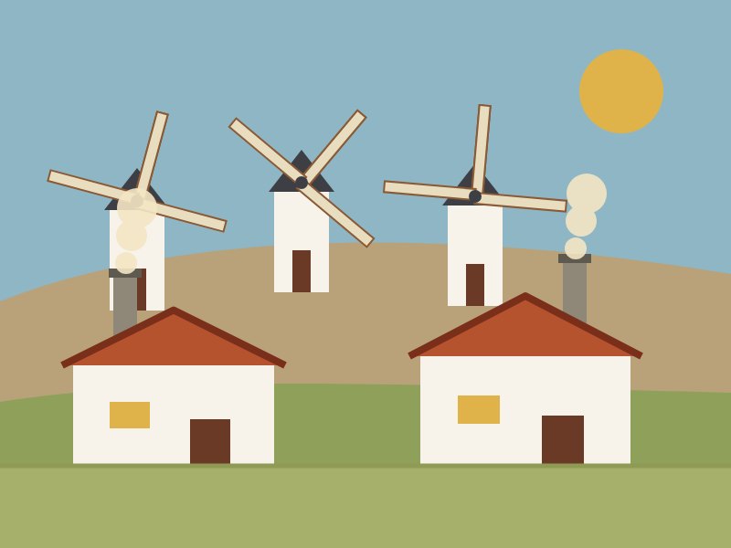 Ilustración: casas blancas con chimenea y molinos de viento de La Mancha toledana