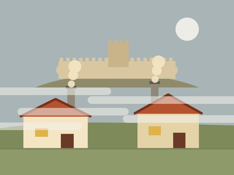 Ilustración: casas con chimenea entre la niebla y un castillo sobre el cerro en Valladolid