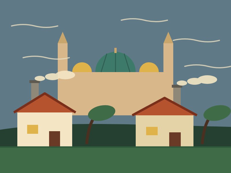 Ilustración: casas con chimenea y cierzo, con la basílica del Pilar al fondo